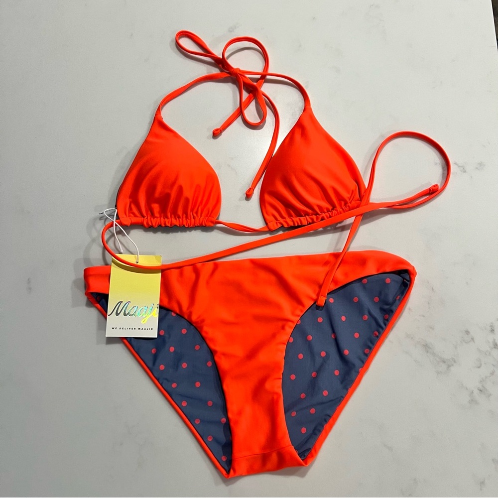 Maaji Bright Orange Bikini reversible with grey and coral polka dots NWT!